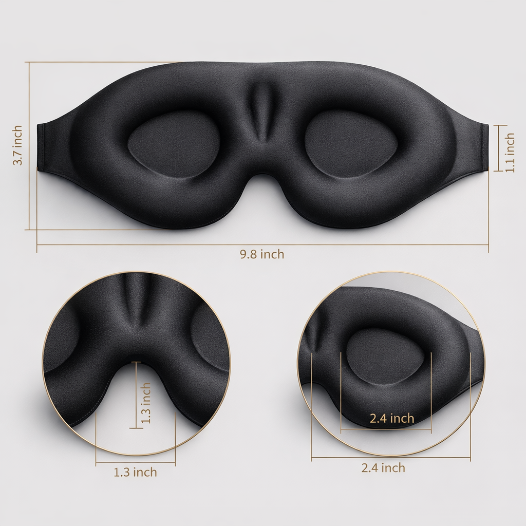 Black 3D sleep mask - contoured eye cups and adjustable elastic band