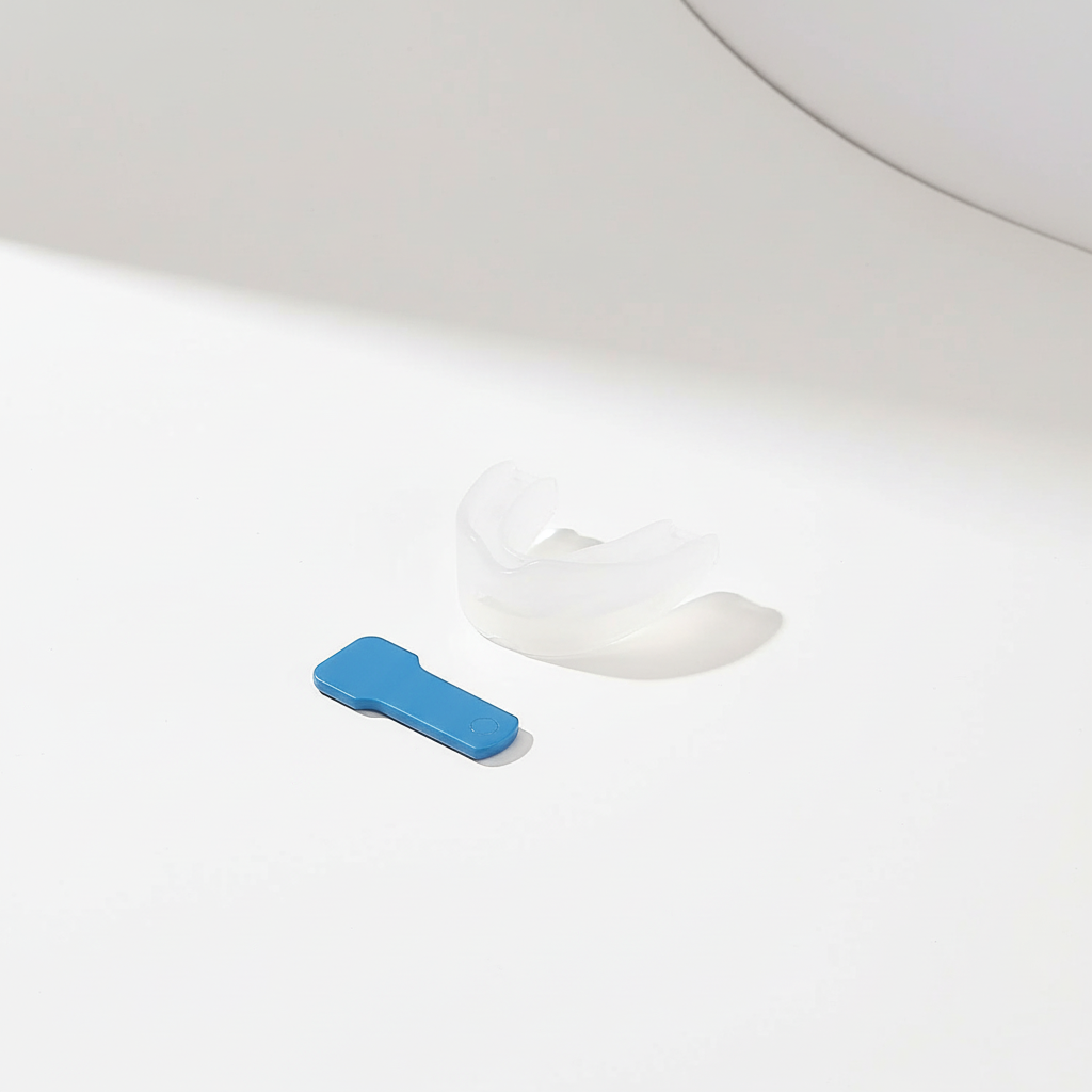 Anti-Snoring Mouth Guard Components - Adjustment Tool and Guard on White Background